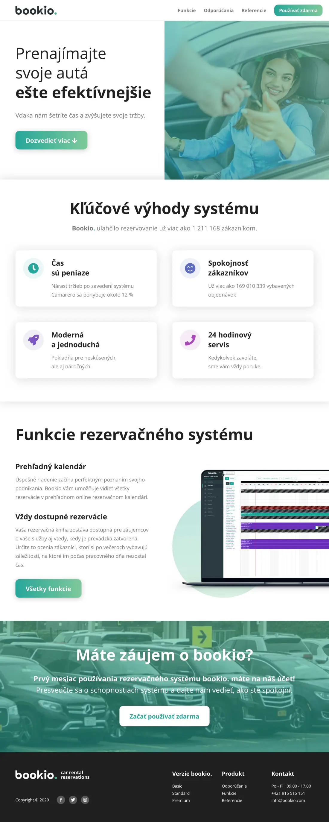 Full-page screenshot of the Bookio car-rental landing page: hero with a woman receiving car keys, four benefit cards, calendar feature section, footer