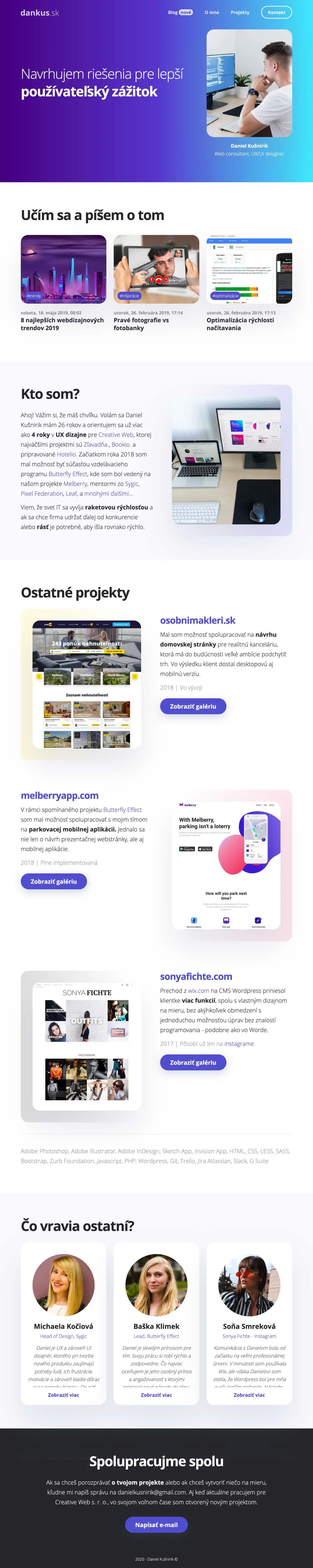 Full-page screenshot of dankus.sk: purple-to-blue hero with a portrait, blog cards, about section, other projects with screenshots, three testimonials, dark contact footer