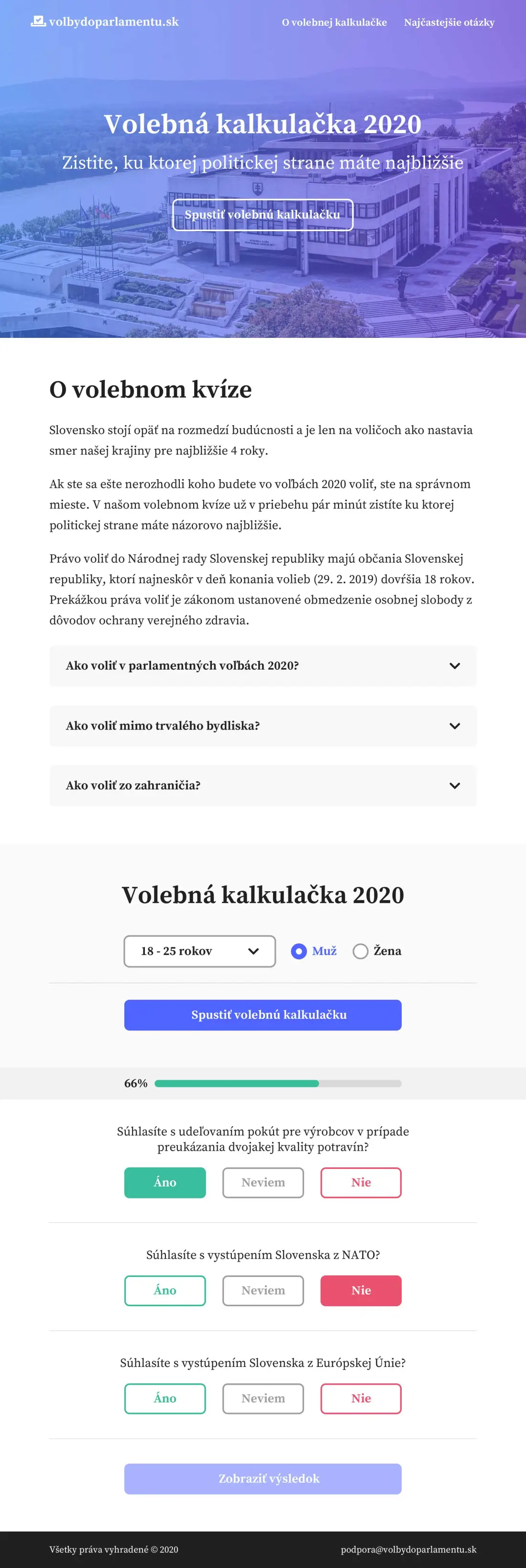 Full-page screenshot of the election calculator landing page: parliament photo, title, about section, FAQ accordion, age and sex selector, statement cards with three answer buttons