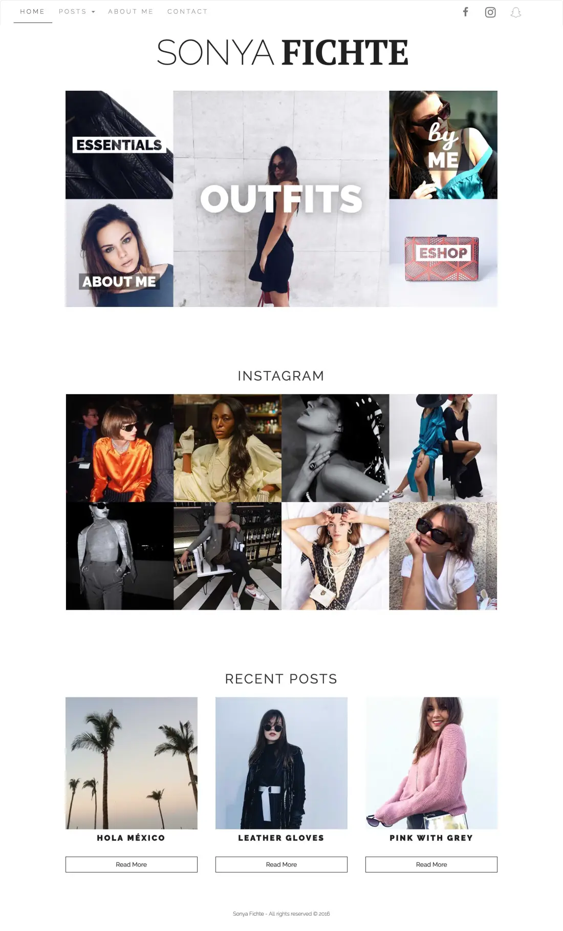 Full-page screenshot of a minimal white fashion blog: serif wordmark, photo mosaic with section labels, Instagram grid, three recent posts