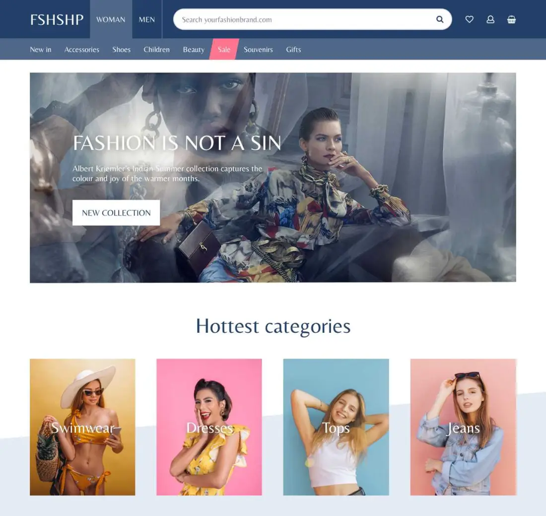 Screenshot of a fashion-shop homepage concept: header with a wide search box, editorial hero image, four category tiles