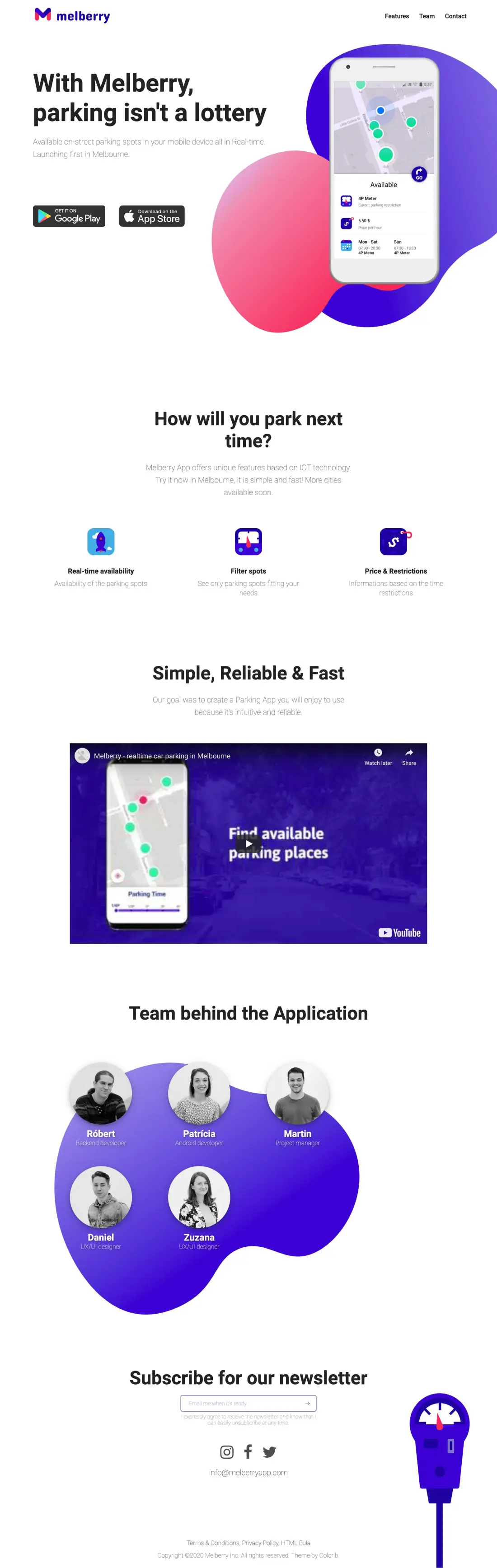 Full-page screenshot of the Melberry landing page: phone mock-up on a pink and blue blob, three feature icons, a video, the five-person team, newsletter sign-up