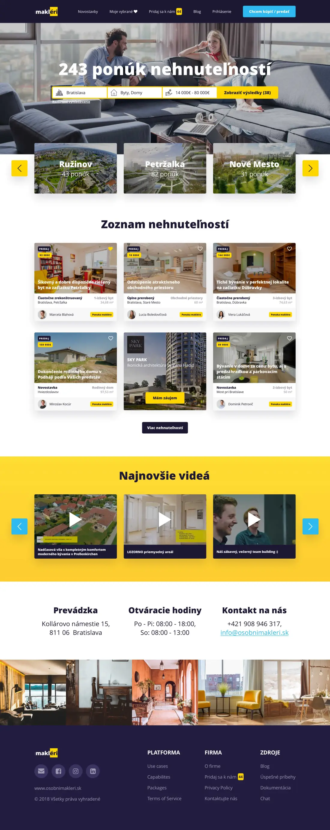 Full-page screenshot of a real-estate homepage design: search bar over a living-room photo, district tiles, a grid of property cards, a yellow video strip, contact details, footer