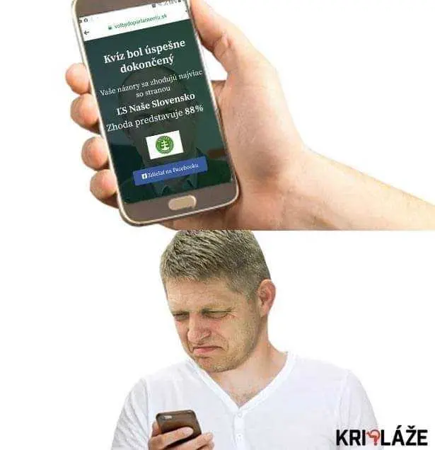Meme by the page Kripláže: a man looking at his phone in disbelief next to a screenshot of his result