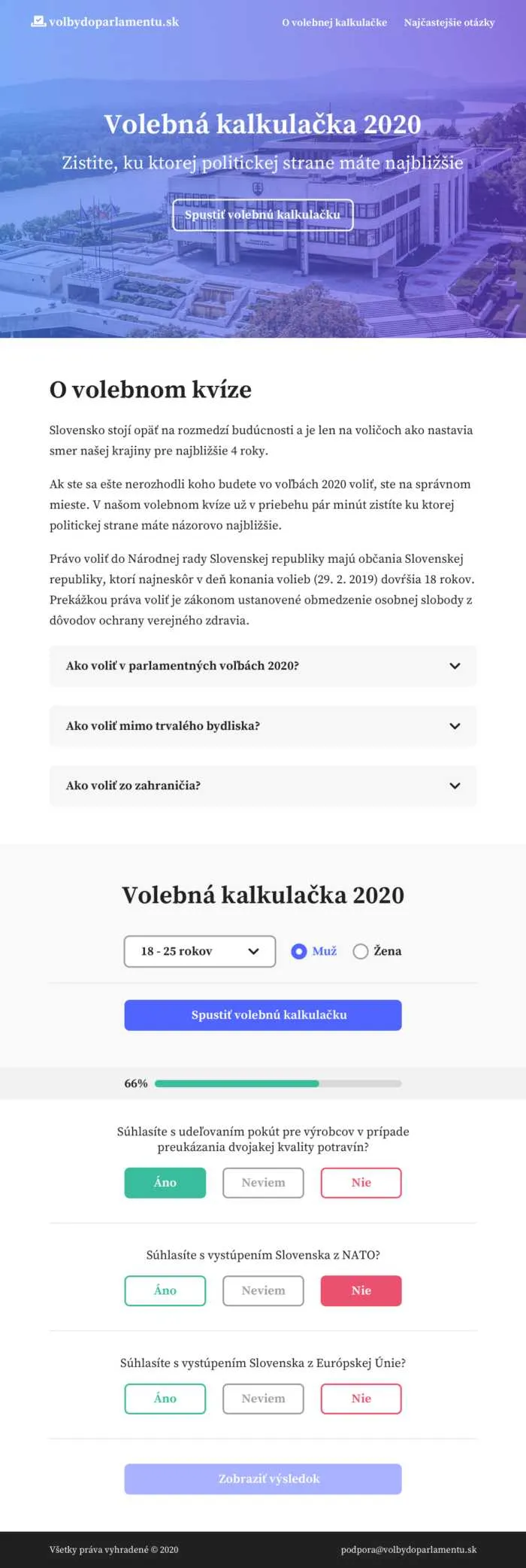 High-fidelity wireframe of the landing page: photo of parliament, title 'Volebná kalkulačka 2020', statement cards