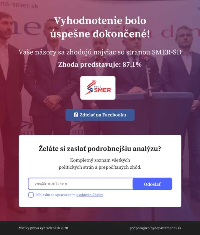 High-fidelity wireframe of the result page with the match percentage and the email form