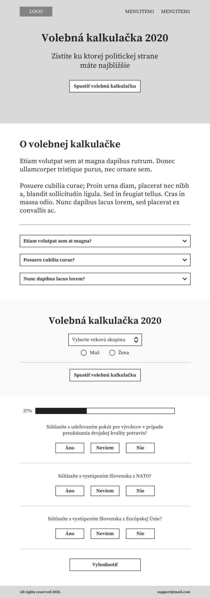 Low-fidelity wireframe of the landing page in Slovak
