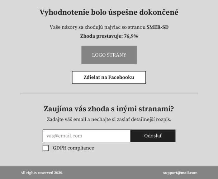 Low-fidelity wireframe of the result page: match percentage, share button, email form