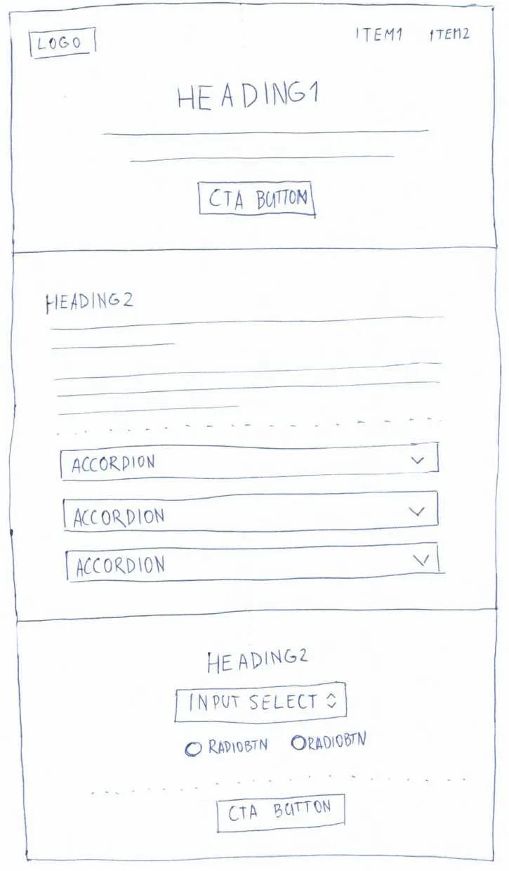 Paper sketch of the landing page, upper half: logo, heading, call to action, accordion