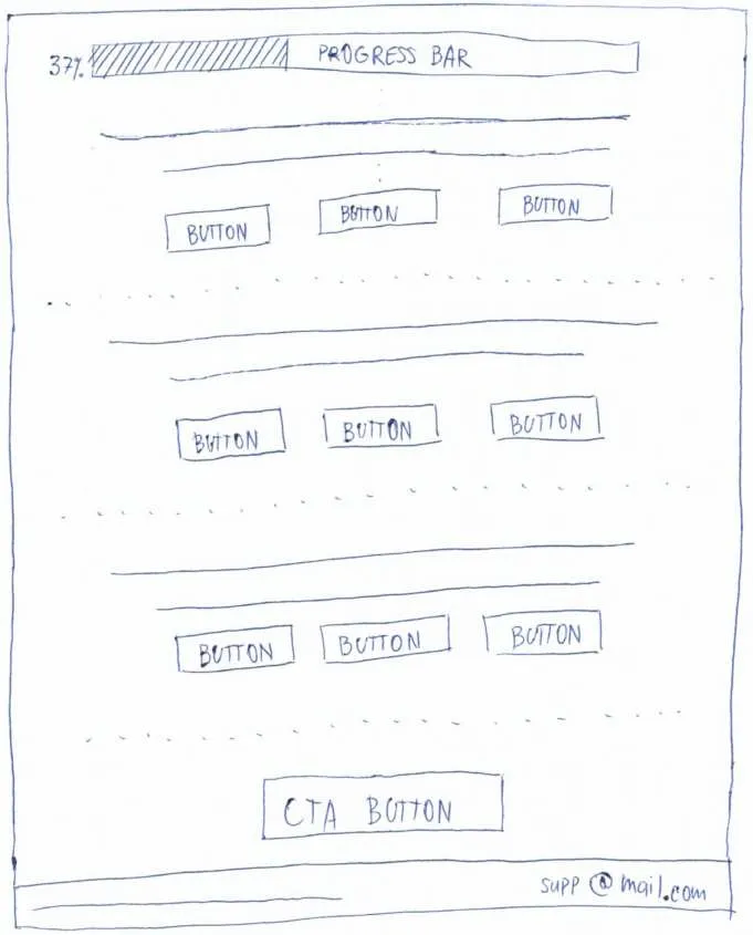 Paper sketch of the landing page, lower half: progress bar and rows of answer buttons