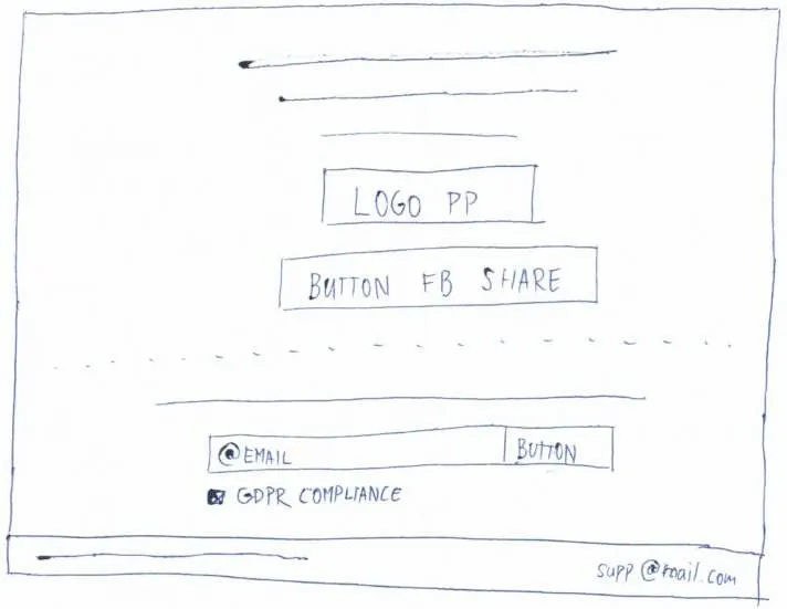 Paper sketch of the result page: party logo, share button, email field with consent checkbox
