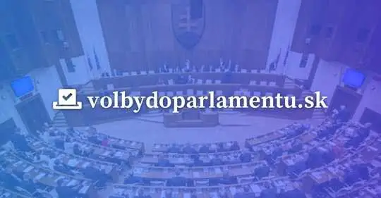 The calculator's share image: the parliament chamber tinted blue with the site name volbydoparlamentu.sk