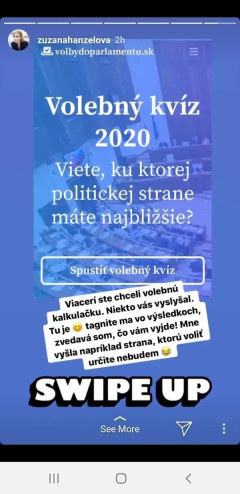 Instagram story: 'Volebný kvíz 2020', swipe up