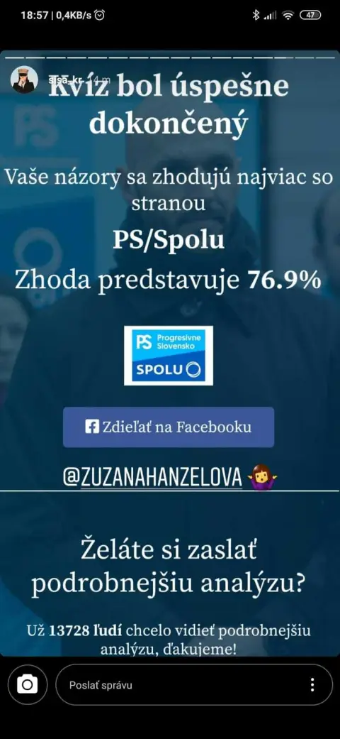 Instagram story: 'quiz completed successfully', with a match percentage
